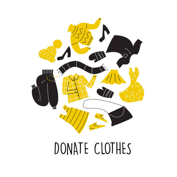 Vector Illustration of different clothes for donation. Circle composition. Charity day and social care concept. Second hand, flea market