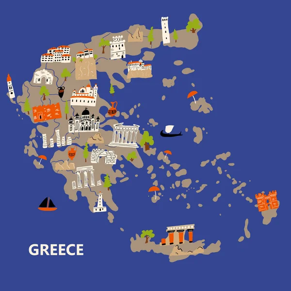 Estilizado mapa ilustrado de Grecia. Diseño vectorial en estilo dibujado a mano . — Archivo Imágenes Vectoriales