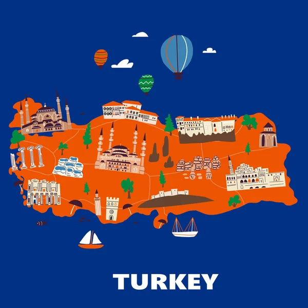 Mappa stilizzata illustrata della Turchia. Design vettoriale in stile disegnato a mano . — Vettoriale Stock