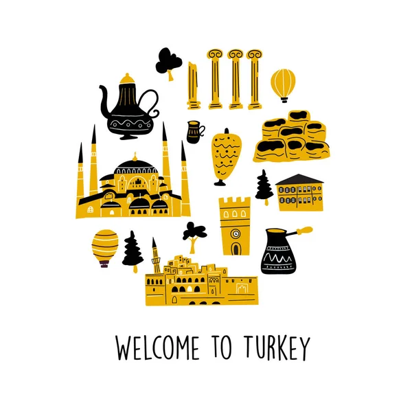 Векторні ілюстрації різних турецьких пам'яток та визначних пам'яток у колі. Вітальний знак . — стоковий вектор
