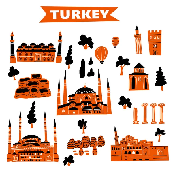 Türkçe 'nin farklı cazibe ve simgelerinin vektör illüstrasyonu