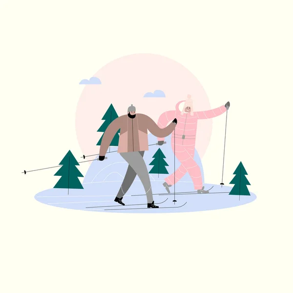 Εικονογράφηση διάνυσμα του σκι ανδρών και γυναικών στο δάσος του χειμώνα. — Διανυσματικό Αρχείο