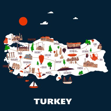 Türkiye 'nin değişik cazibe ve sembollerle biçimlendirilmiş haritası. Vektör illüstrasyonu.