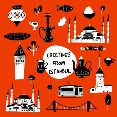 İstanbul 'dan selamlar. İstanbul cazibe ve simgelerinin komik vektör çizimi.