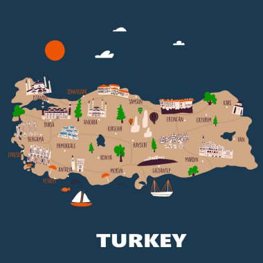 Türkiye 'nin farklı cazibelere sahip vektör resimli haritası.
