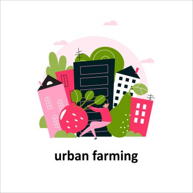 Şehir manzarasının vektör çizimi ve pancar kökü çeken bir adam. Kentsel tarım kavramı.