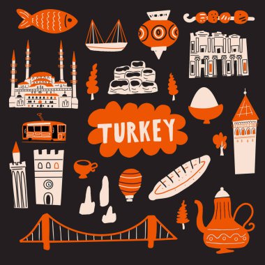 Türkiye, turist çekimleri, semboller ve simgelerle vektör illüstrasyonunu elle çizdi.