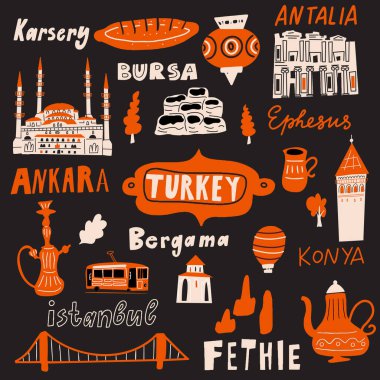 Farklı Türk çekicilikleri, kültürel sembolleri ve şehirlerin isimlerinin komik hsnd çizimi.