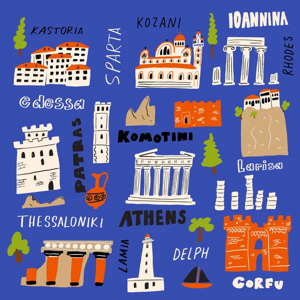 Vektorillustration verschiedener Sehenswürdigkeiten und Sehenswürdigkeiten Griechenlands mit Stadtnamen — Stockvektor