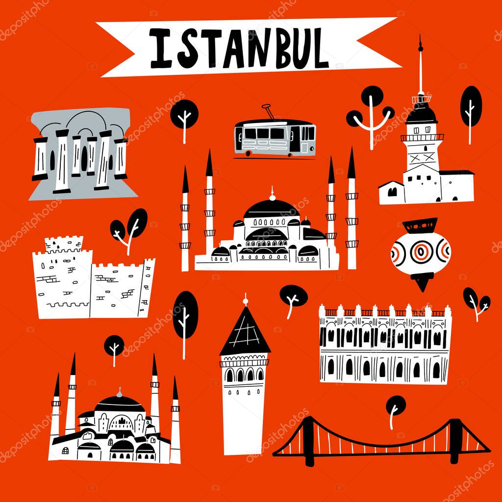Istanbul. Funny vector illustration of Istanbul attractions and landmarks.