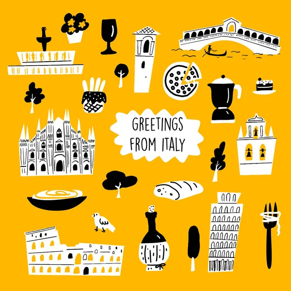 Vektor tecknad illustration av italiensk arkitektur, turistattraktioner och kulturella symboler. — Stock vektor