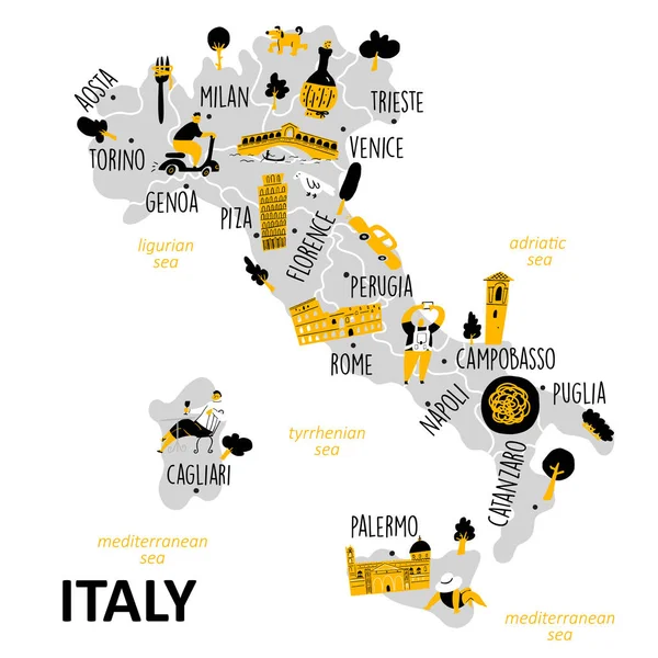 Stilisierte Landkarte von Italien mit den wichtigsten Sehenswürdigkeiten, Sehenswürdigkeiten und kulturellen Symbolen. — Stockvektor
