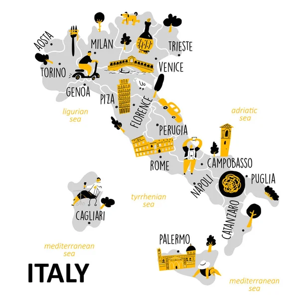 Stylized map of Italy with main attractions, landmarks and cultural symbols. — стоковий вектор