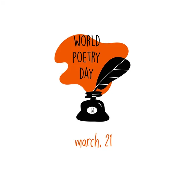 World poetry day, march 21. Vector illustration of inkwell and feather. Isolated on white. — 스톡 벡터