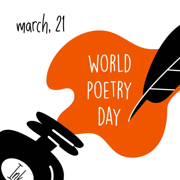 Journée mondiale de la poésie, 21 mars. Illustration vectorielle d'encrier et de plumes. Dénuement moderne , — Image vectorielle