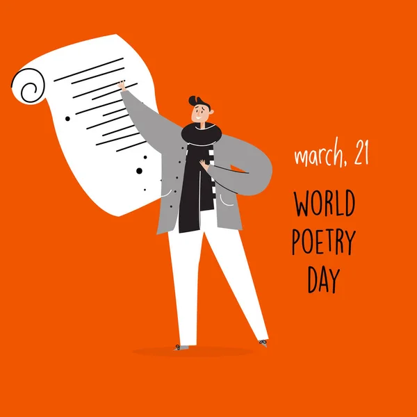 Welttag der Poesie, 21. März, Vektorillustration eines Mannes, der ein Gedicht vorträgt. — Stockvektor