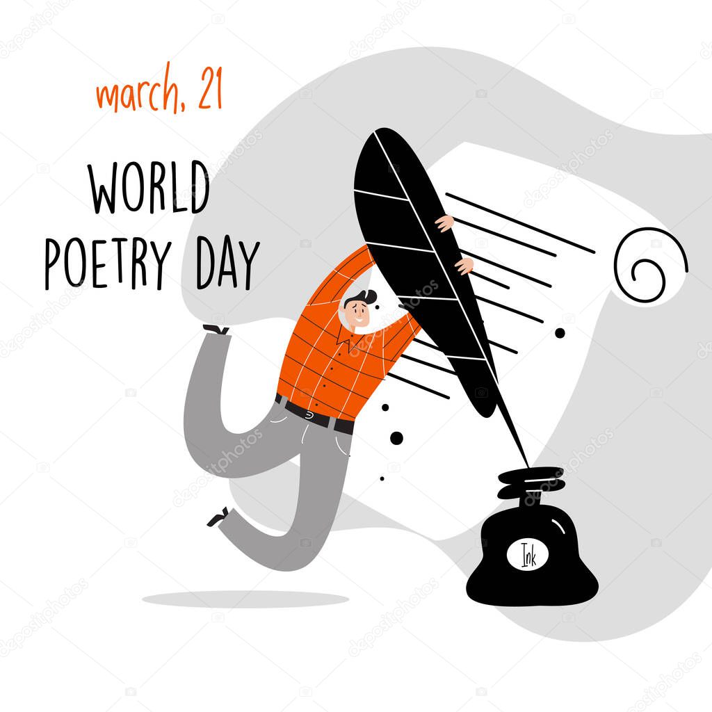 World poetry day, march 21. Vector illustration of a man holding a big feather and inkwell.