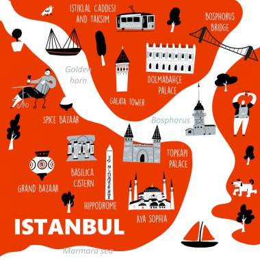 Ana turistlerin yer aldığı İstanbul stilize haritası ve vektör içinde yapılmış kültürel semboller.