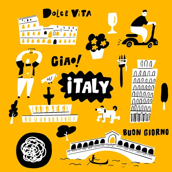 이탈리아의 주요 관광지와 문화적 상징물을 그린 벡터 두들 삽화. — 스톡 벡터