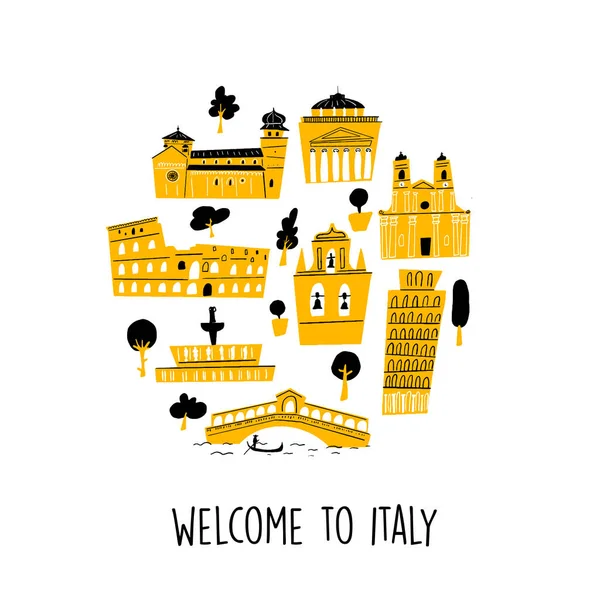 Ilustração vetorial de atrações italianas famosas e marcos em círculo. Sinal de boas vindas . —  Vetores de Stock