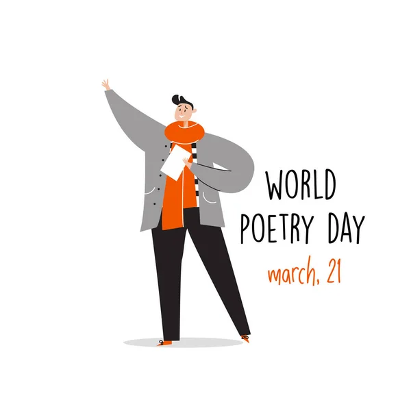 Welttag der Poesie, 21. März, Vektorillustration eines Mannes, der ein Gedicht vorträgt. — Stockvektor