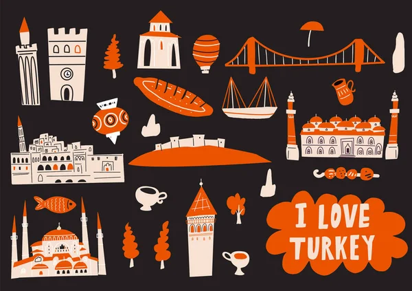 Turquía ilustración vectorial dibujado a mano con atracciones turísticas, símbolos y puntos de referencia. Me encanta Turquía. Tarjeta de felicitación horizontal . — Archivo Imágenes Vectoriales