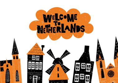 Hollanda mimarisinin ve cazibesinin vektör illüstrasyonu. Hollanda 'ya hoş geldiniz. Yatay tebrik kartı.