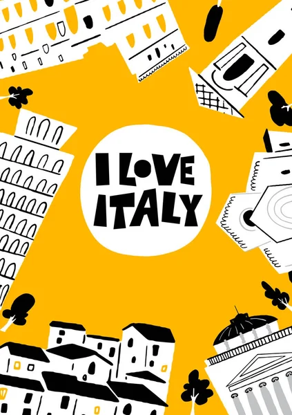 Vektorillustration av berömd italiensk arkitektur och sevärdheter Jag älskar Italien. Vertikalt gratulationskort. — Stock vektor