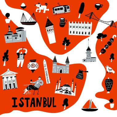 İstanbul 'un stilize edilmiş haritası. İstanbul cazibe ve sembollerinin vektör illüstrasyonu.