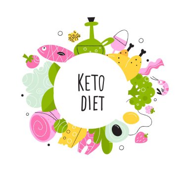 Ketogenik diyet. Sağlıklı keto yiyeceklerinin vektör çizimi.