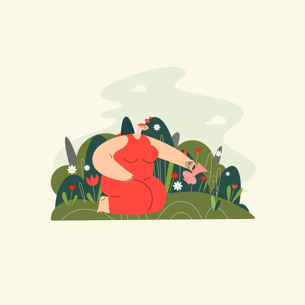 Vector platte illustratie van een vrouw zitten op haar schoot in de tuin en drenken bloem. — Stockvector