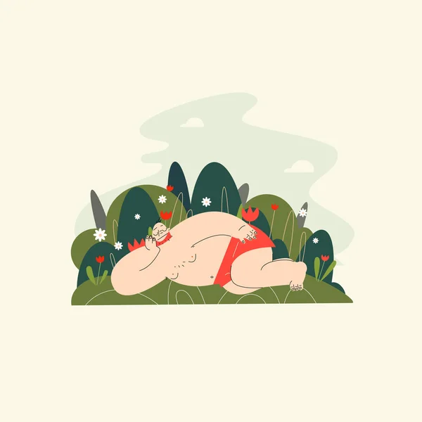 Vector illustration of big man lying on the grass in the garden. — Stock Vector