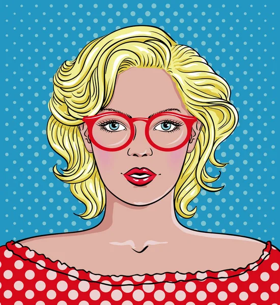 メガネとポップアートの女性。女性の赤いメガネ — ストックベクタ