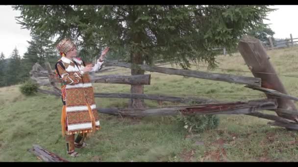 Ein Mädchen in ukrainischer Nationalkleidung geht durch den Wald, gutes Wetter, Mädchen lächelt, hat gute Laune. — Stockvideo