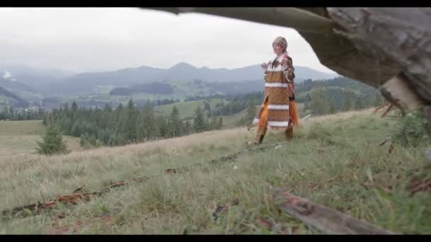 Ein Mädchen in ukrainischer Tracht geht durch den Wald, gutes Wetter, Mädchen lächelt, hat gute Laune. — Stockvideo