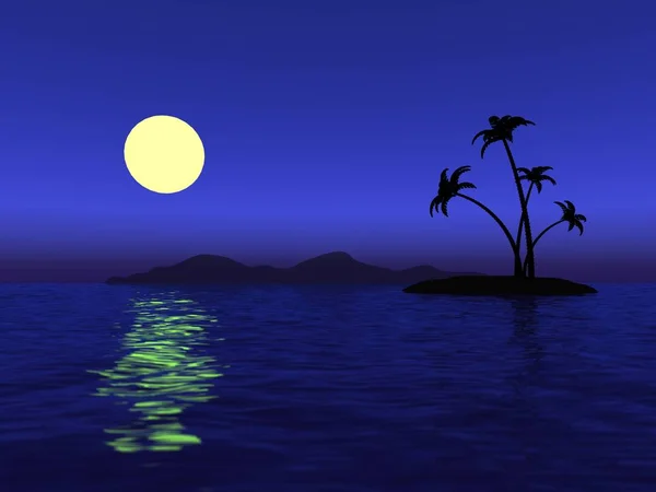 Úplněk v oceánu a pustém ostrově s palmami — Stock fotografie