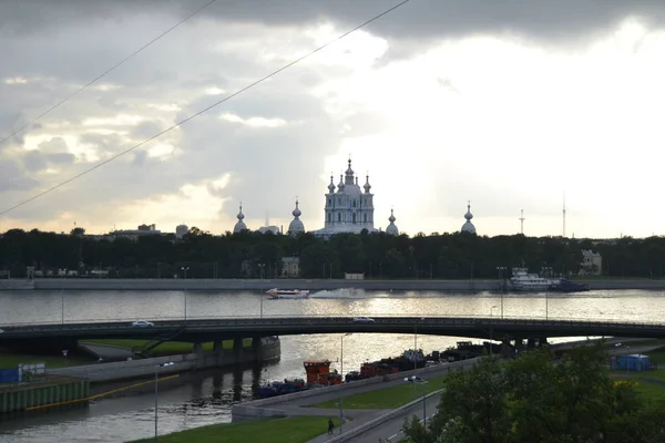 Smolny Cathedral Petersburg Russia View River Great Ohta Embankment — 스톡 사진