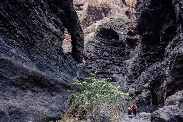 Randonnée pédestre dans Gorge Masca. d'énormes rochers couvrent le sentier île volcanique. Montagnes de l'île de Tenerife . — Photo