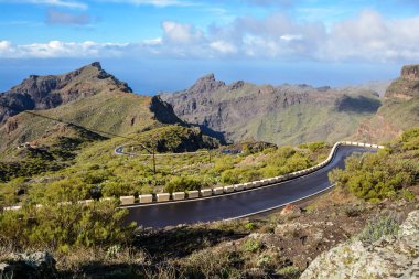 Yağmurdan sonra ıslak yol. Dağlık dağ yolu yağmurdan sonra. Serpentine Yolu. Tenerife İspanya