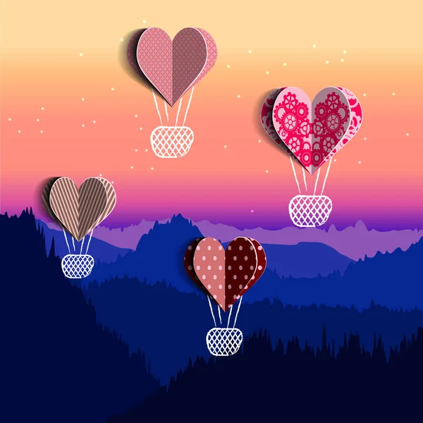 Balões no pôr-do-sol corações românticos no dia dos namorados —  Vetores de Stock