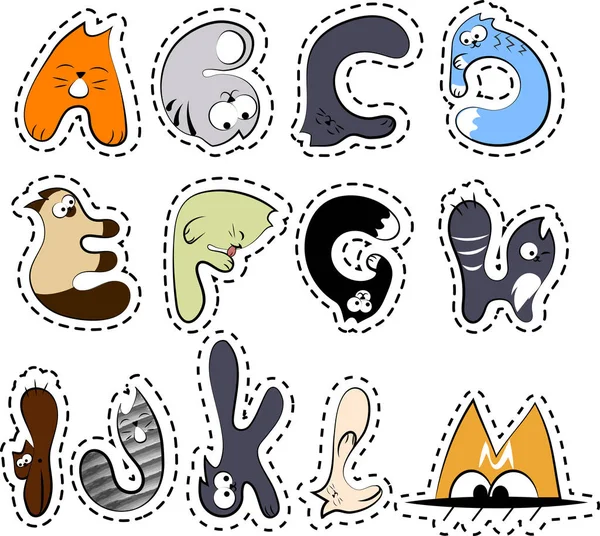 Кошачий алфавит, милые и смешные наклейки — стоковый вектор