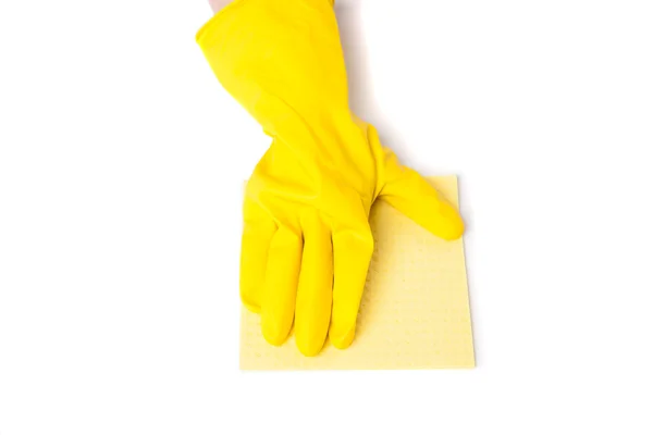 Arm in rubber gloves removes dust — Stock Photo, Image