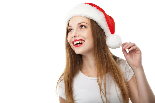 Surpresa Natal mulher vestindo chapéu de santa — Fotografia de Stock