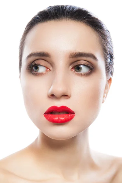 Primo piano femminile con rossetto rosso — Foto Stock