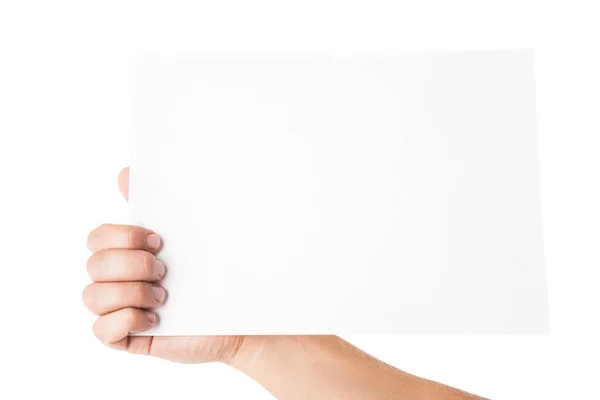 Homem mão segurando cartão de publicidade em branco no branco — Fotografia de Stock