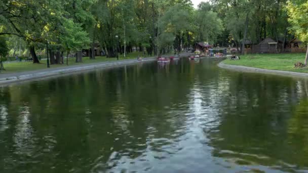 Promenade sur le lac dans un parc en catamaran — Video