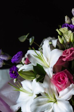 Koyu arka plan üzerinde renkli çiçekler. 