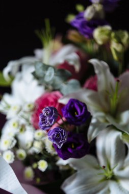 Koyu arka plan üzerinde renkli çiçekler. 