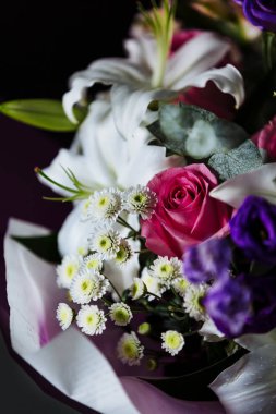 Koyu arka plan üzerinde renkli çiçekler. 