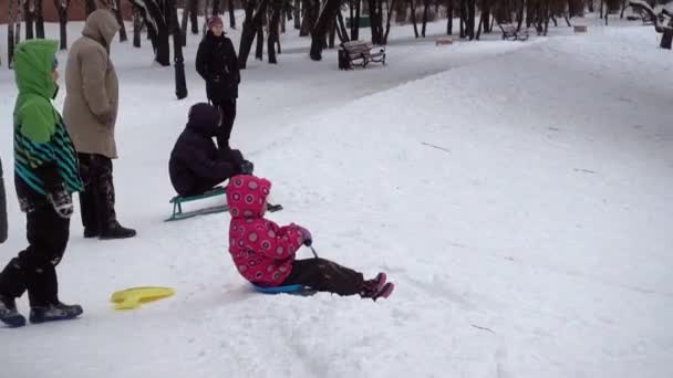 Divertimento invernale. I bambini cavalcano in inverno su una collina innevata nel parco . — Video Stock